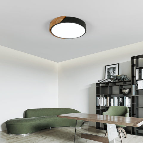Luz de techo LED redonda de madera 30W, luces de techo interiores 6500K, luces de techo negras