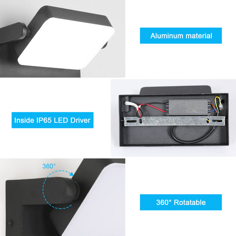 Aplique LED Exterior IP65 - 20W, 2250LM, 6500K, Rotación 360°, Aluminio Resistente