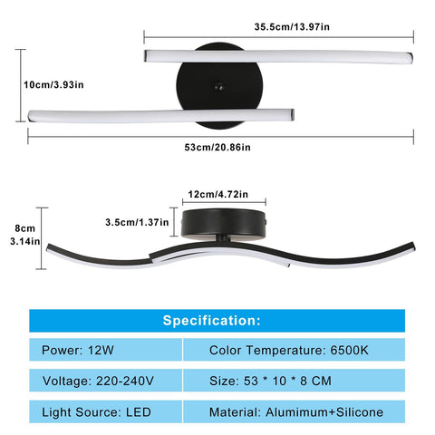 Luces de Techo LED, 2 Paralelos Negros, Luz Blanca Fría 12W 6500K, 60*12 CM, para Sala de Estar del Dormitorio