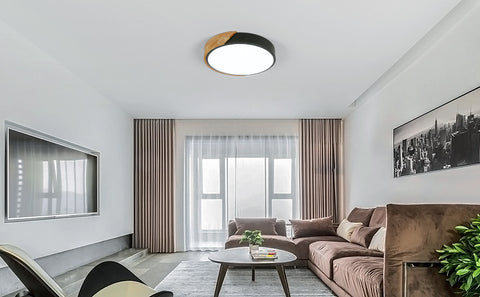Luz de techo LED redonda de madera 30W, luces de techo interiores 6500K, luces de techo negras