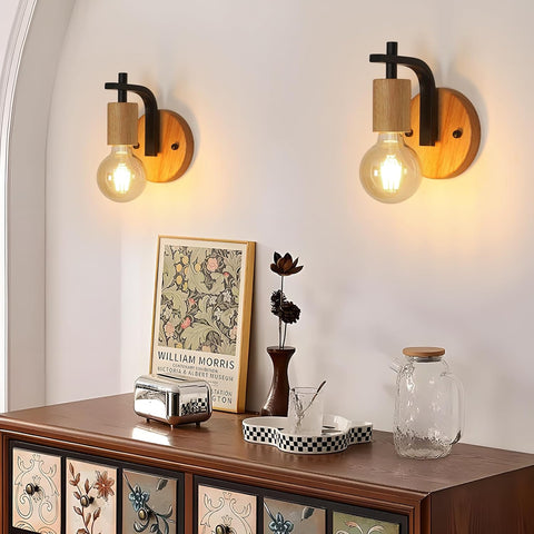 Juego de 2 Apliques de Pared Vintage Madera y Metal Negro E27