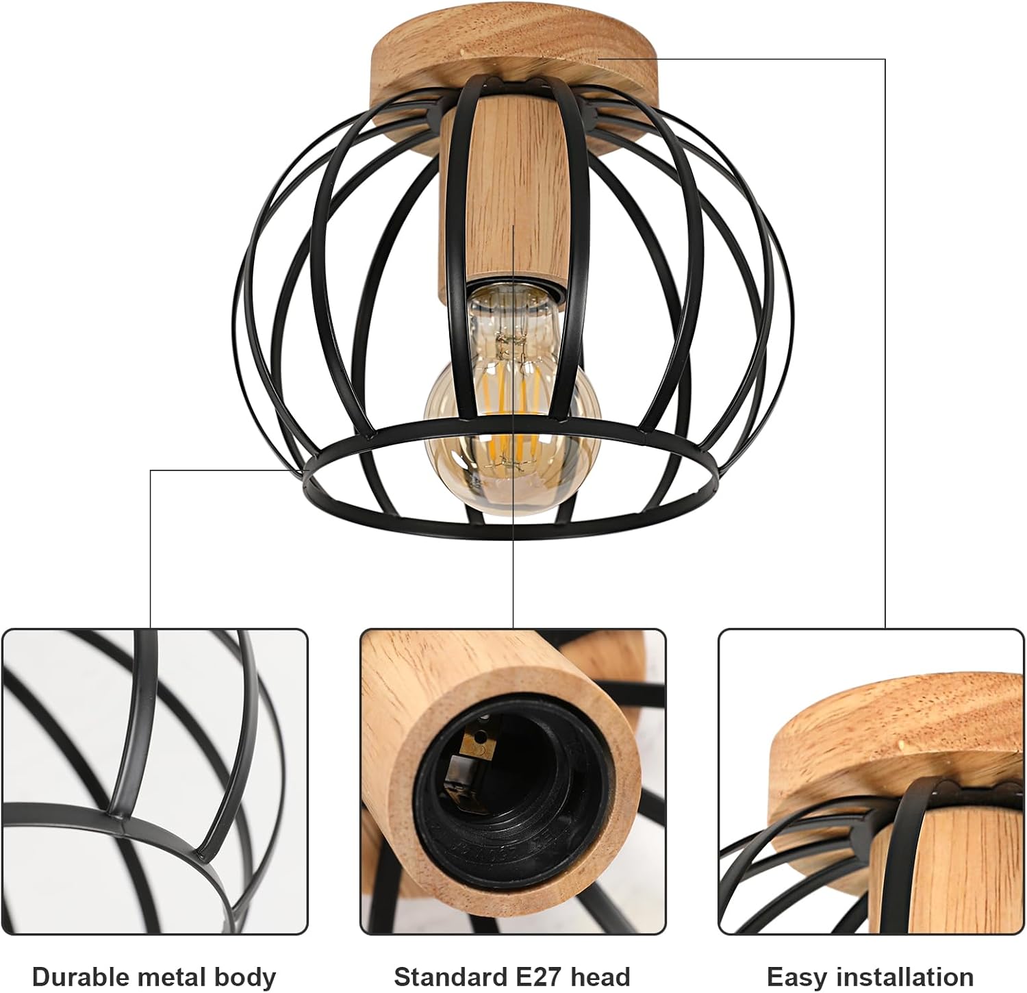Lámpara de Techo Industrial Madera y Metal – Jaula Negra E27