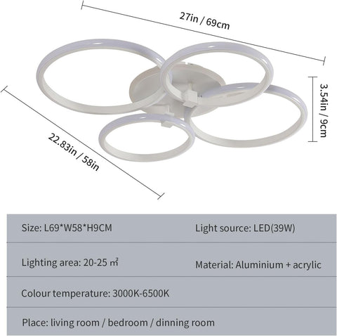 Plafón LED Moderno de 4 Aros, 39W