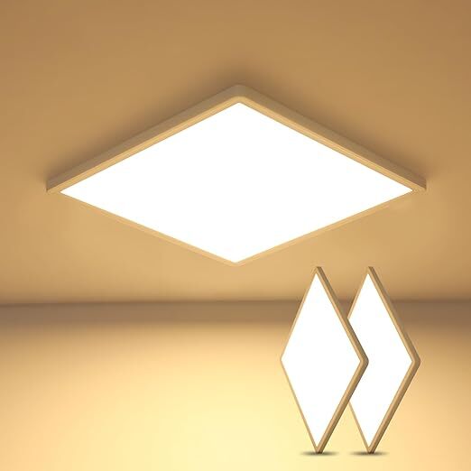 2PCS Plafonnier LED Carré Blanc, Ultra Plat, 24W 3000K Lumière Blanche Chaude, Etanche IP44 PVC, pour Salle de Bain