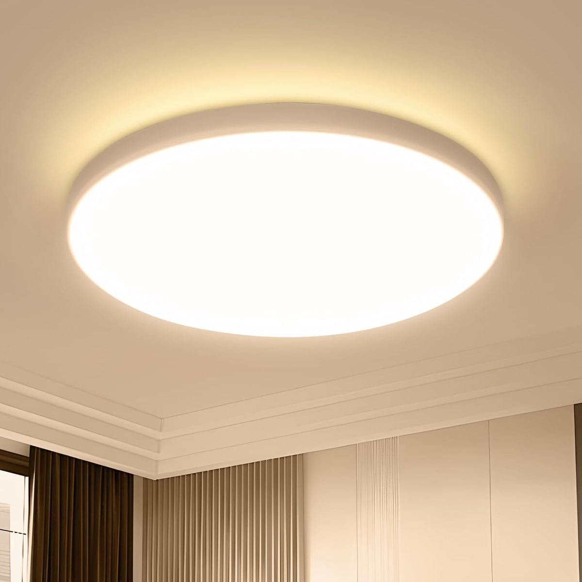 Plafonnier LED, Blanc Rond 23*5 CM, 18W 3000K Lumière Blanche Chaude, ABS, Triple Protection pour Chambre Balcon