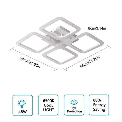 Luz de Techo LED, Cuadrada Blanca*4 Cabezas, Acrílico, Luz Blanca Fría 46W 6500K, para Sala de Estar Dormitorio