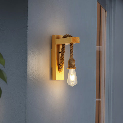 Aplique de pared de madera retro, focos de pared industriales vintage, lámparas de pared de cuerda de cáñamo creativas E27 para dormitorio, balcón, pasillo, cocina, escaleras