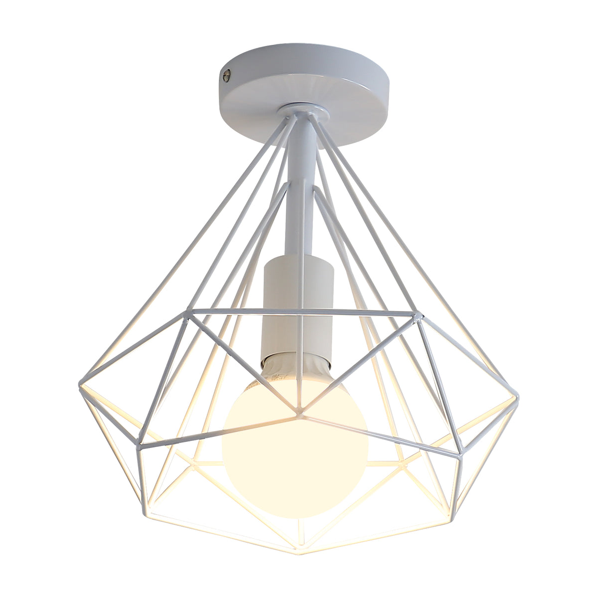 Vintage Plafonnier Industriel Diamant en forme Cage Métal Rétro Lampe de Plafond Abat-jour Suspension Luminaire pour Salle à Manger Bar Chambre,25cm (Blanc)