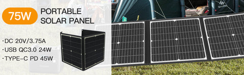 Panel Solar portátil de carga rápida plegable, cargador de batería Solar de 20V y 75W, banco de energía para teléfono, RV, relojes al aire libre, CC + USB