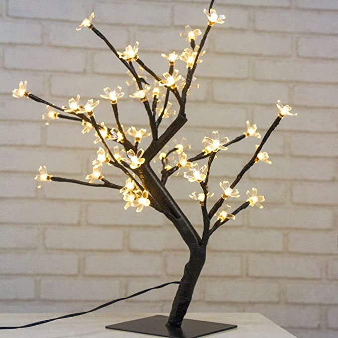 Árbol iluminado LED de 45 cm con 48 flores de cerezo, luces LED, para Navidad, interior, decoración, oficina, mesita de noche, blanco cálido