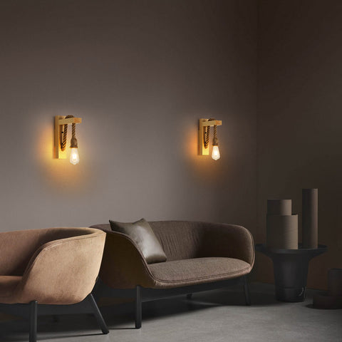 Aplique de pared de madera retro, focos de pared industriales vintage, lámparas de pared de cuerda de cáñamo creativas E27 para dormitorio, balcón, pasillo, cocina, escaleras