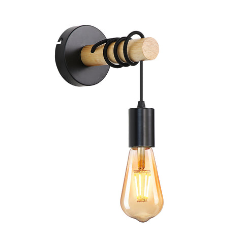 Aplique de pared vintage, foco de pared de diseño industrial retro de madera, casquillo E27 de 10 vatios máx., iluminación interior para sala de estar, dormitorio, comedor, pasillo, bar, negro (sin bombilla)