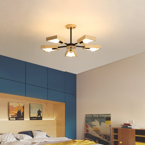 Lámpara colgante de madera, lámpara de araña para sala de estar, lámpara para iluminación interior, luces colgantes geométricas de cinco luces de madera para 5 bombillas E27 (sin bombilla)