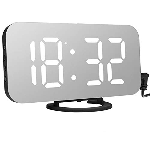 Reloj despertador digital moderno con puerto USB y espejo - Reloj decorativo para mesa de pared o escritorio - Fuente blanca