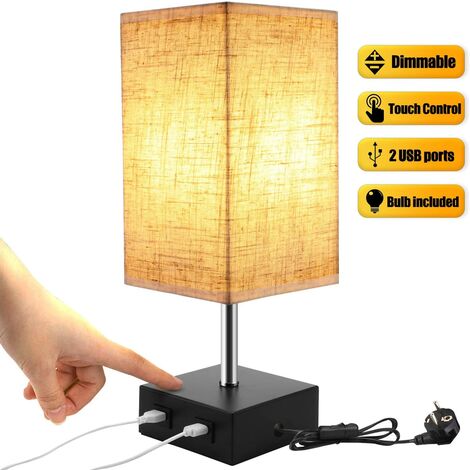 Dimbare Touch-bedlamp 2 USB met E27-lamp Beige stoffen kap Tafellamp voor nachtkastje Slaapkamer Woonkamer Hotel Café Kinderkamer Woonkamer Kantoor (zonder lamp)