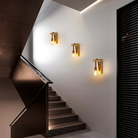 Aplique de pared de madera retro, focos de pared industriales vintage, lámparas de pared de cuerda de cáñamo creativas E27 para dormitorio, balcón, pasillo, cocina, escaleras