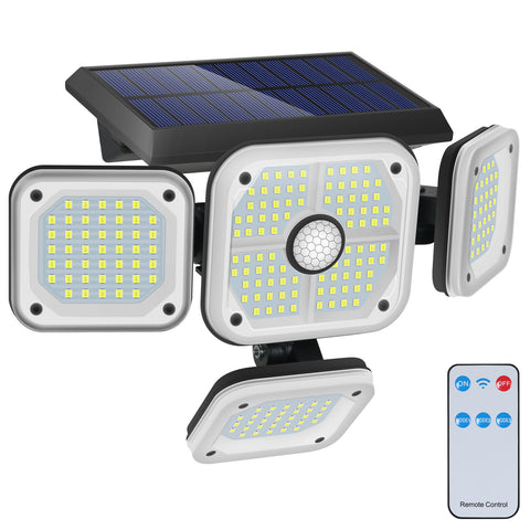 Lámpara solar para exteriores Detector de movimiento, 4 cabezales 231 LED Luz solar para exteriores con control remoto IP65 Iluminación solar para exteriores a prueba de agua 3 modos de punto Proyector solar LED Jardín Blanco frío