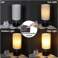 Lámpara de noche táctil regulable 2 USB con bombilla E27 Lámpara de mesa con pantalla de tela beige para mesita de noche, bar, dormitorio, sala de estar, hotel, cafetería, habitación infantil, sala de estar, oficina (sin bombilla)