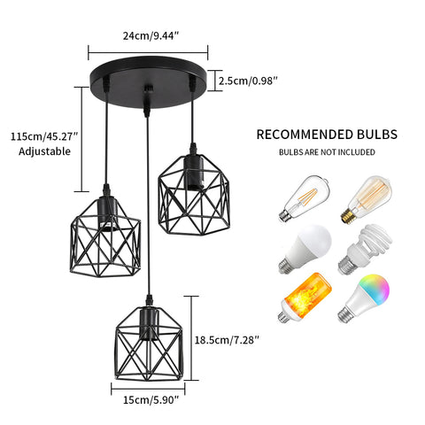 Lámpara colgante negra vintage, jaula de metal negra vintage, lámpara de techo industrial, 3 luces E26 (bombilla no incluida)