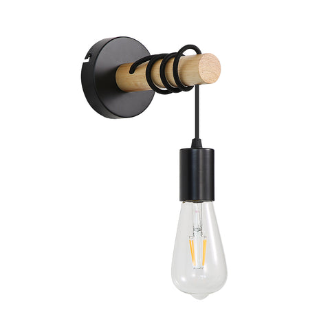 Aplique de pared vintage, foco de pared de diseño industrial retro de madera, casquillo E27 de 10 vatios máx., iluminación interior para sala de estar, dormitorio, comedor, pasillo, bar, negro (sin bombilla)