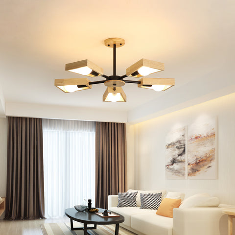 Lámpara colgante de madera, lámpara de araña para sala de estar, lámpara para iluminación interior, luces colgantes geométricas de cinco luces de madera para 5 bombillas E27 (sin bombilla)