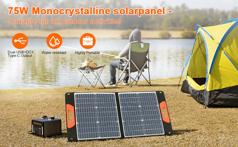 Panel solar portátil plegable de 75 W, 3 puertos DC/PD 45 W/QC3.0/USB compatible con la mayoría de generadores solares portátiles/estaciones eléctricas/teléfonos/portátiles para viajes/camping/RV