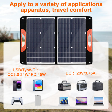 Panel solar portátil plegable de 75 W, 3 puertos DC/PD 45 W/QC3.0/USB compatible con la mayoría de generadores solares portátiles/estaciones eléctricas/teléfonos/portátiles para viajes/camping/RV