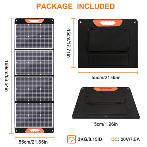 150W 20V Bolsa plegable solar ligera Silicio monocristalino Negro Camping Remolque Coche Océano