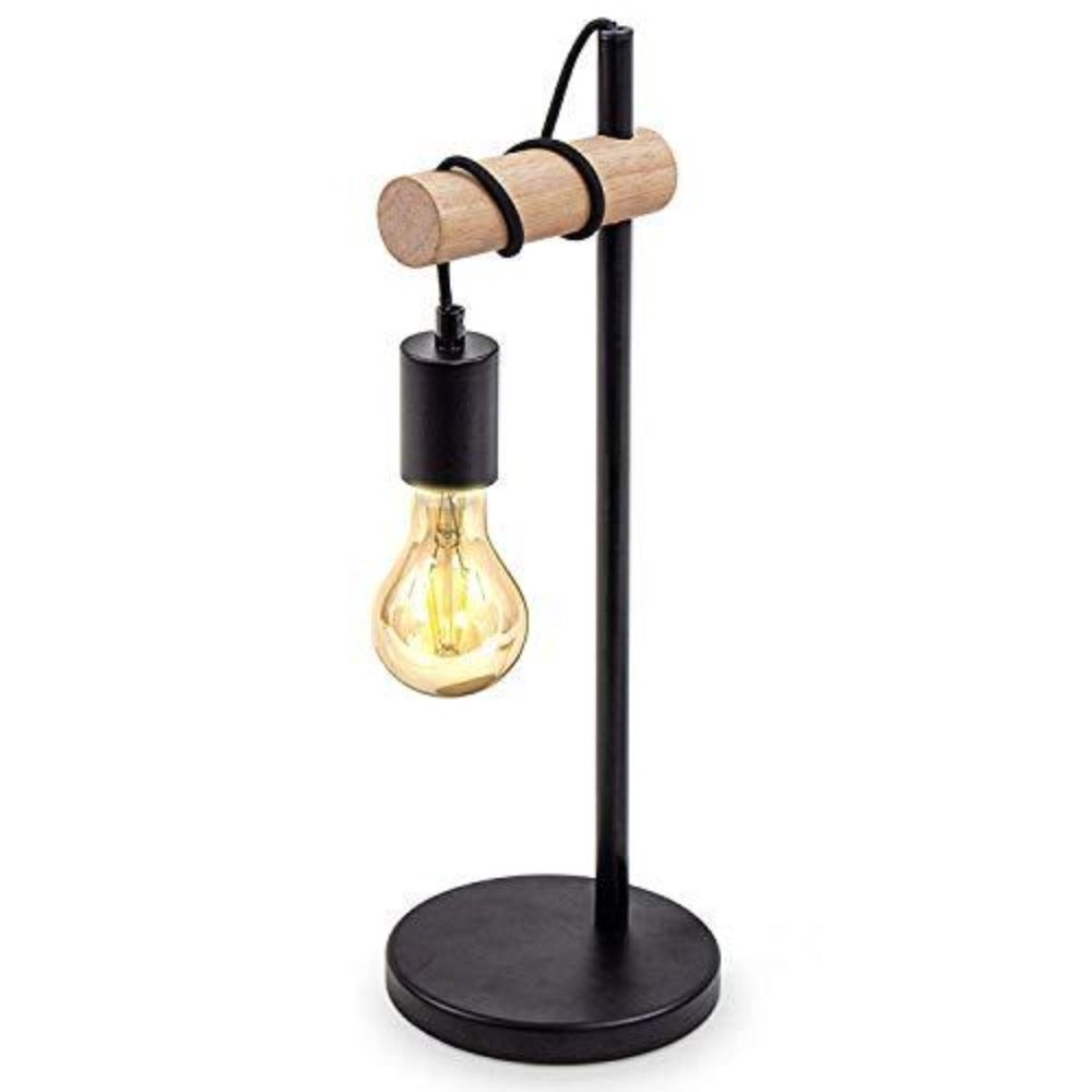 Lampe de Table, Design Rétro Lampe de Lecture, Bois & Métal, Éclairage du Bureau et de la Chambre, Lampe de Chevet, Pour Ampoule LED E27 10W Max （Noir）