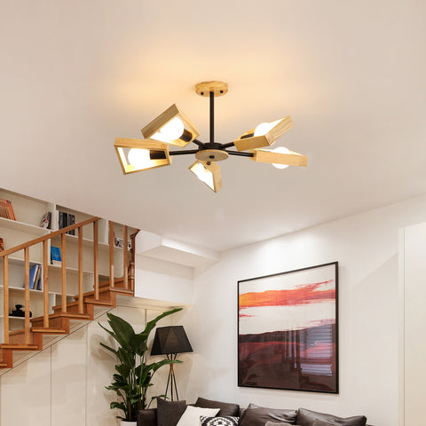 Lámpara colgante de madera, lámpara de araña para sala de estar, lámpara para iluminación interior, luces colgantes geométricas de cinco luces de madera para 5 bombillas E27 (sin bombilla)