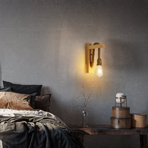 Aplique de pared de madera retro, focos de pared industriales vintage, lámparas de pared de cuerda de cáñamo creativas E27 para dormitorio, balcón, pasillo, cocina, escaleras
