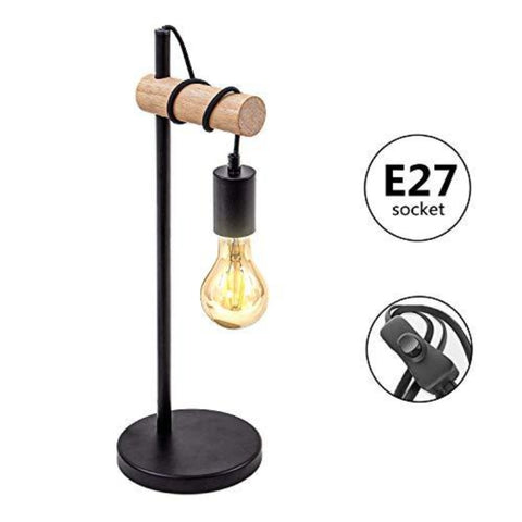 Lámpara de Mesa, Lámpara de Lectura de Diseño Retro, Madera y Metal, Iluminación de Oficina y Dormitorio, Lámpara de Noche, Para Bombilla LED E27 10W Máx.(Negro)