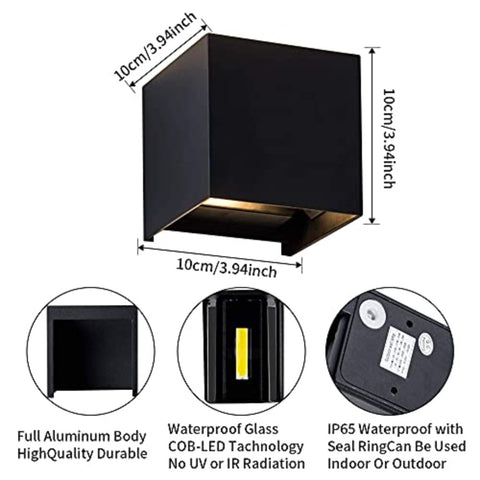 Paquete de 2 luces de pared LED para exteriores, 12 W, luces de pared para interiores con ángulo ajustable, iluminación de pared para exteriores, lámpara de pared moderna impermeable IP65 para sala de estar, dormitorio (negro) blanco cálido 3000 K