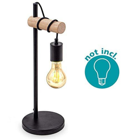 Lámpara de Mesa, Lámpara de Lectura de Diseño Retro, Madera y Metal, Iluminación de Oficina y Dormitorio, Lámpara de Noche, Para Bombilla LED E27 10W Máx.(Negro)