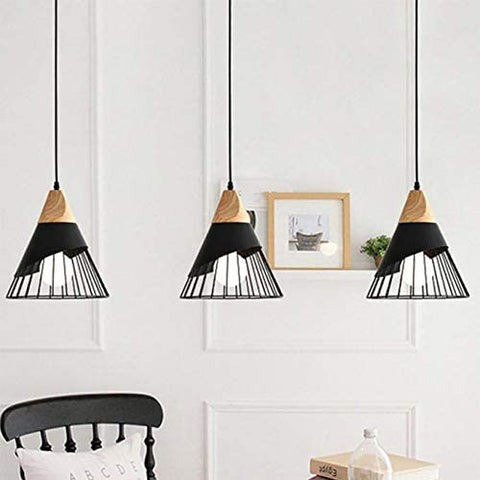 Lámpara colgante vintage, lámpara de madera industrial E27, lámpara de techo con jaula de metal negro para restaurante, cocina, sala de estar, pasillo, diámetro 25 cm