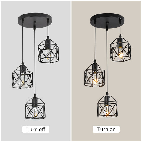 Lámpara colgante negra vintage, jaula de metal negra vintage, lámpara de techo industrial, 3 luces E26 (bombilla no incluida)