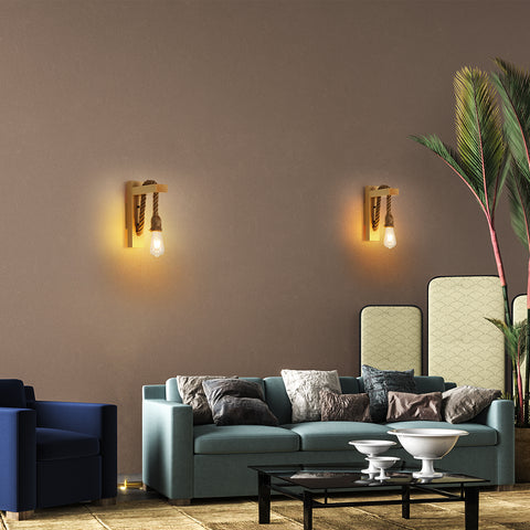 Aplique de pared de madera retro, focos de pared industriales vintage, lámparas de pared de cuerda de cáñamo creativas E27 para dormitorio, balcón, pasillo, cocina, escaleras