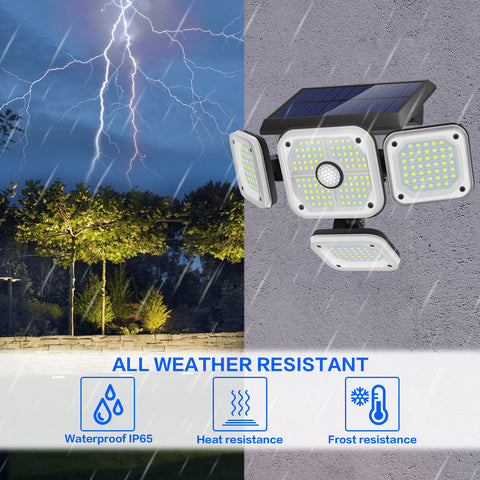 Lámpara solar para exteriores Detector de movimiento, 4 cabezales 231 LED Luz solar para exteriores con control remoto IP65 Iluminación solar para exteriores a prueba de agua 3 modos de punto Proyector solar LED Jardín Blanco frío