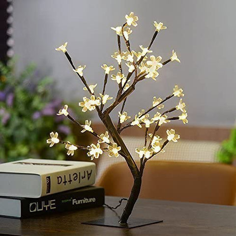 Árbol iluminado LED de 45 cm con 48 flores de cerezo, luces LED, para Navidad, interior, decoración, oficina, mesita de noche, blanco cálido