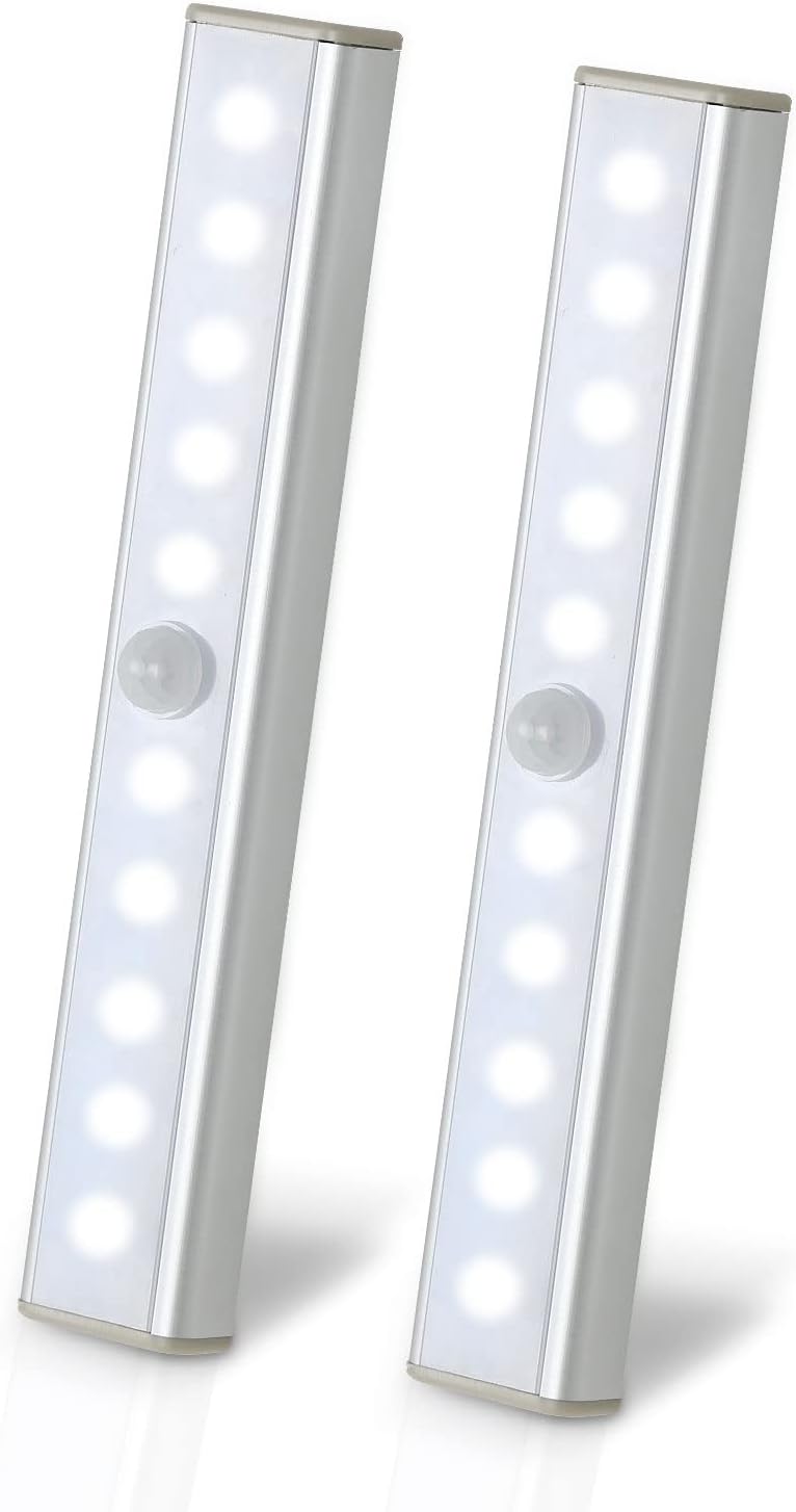 Luz LED para gabinete, 10 LED, luz blanca de 6500 K, sensor de movimiento, luz recargable para gabinete con tira magnética autoadhesiva, adecuada para cocina, escaleras, pasillo (2 piezas)