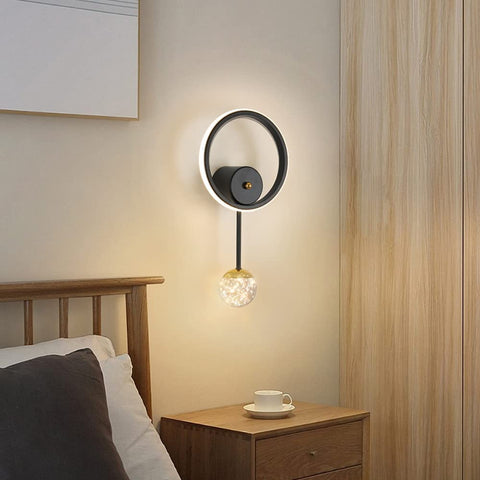 Aplique de pared interior, lámpara de pared LED de diseño redondo moderno de 17 W, aplique de pared LED 3000 K, luz cálida negra para dormitorio, sala de estar, pasillo