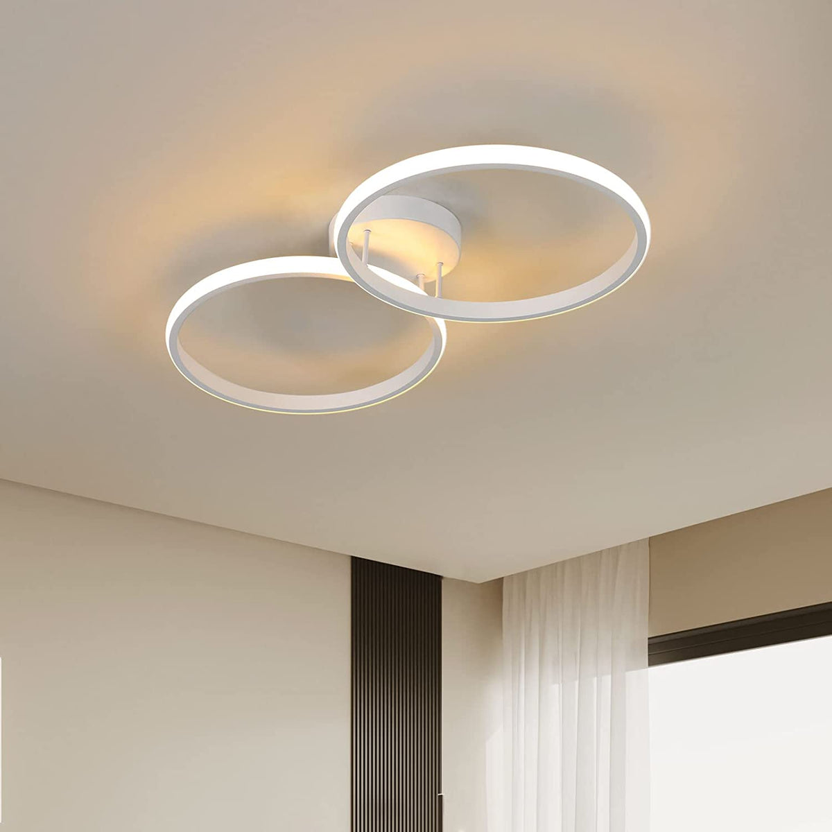 Plafonnier LED moderne 36W, luminaire plafonnier design créatif à double anneau, Lampe de plafond en métal de mode blanc