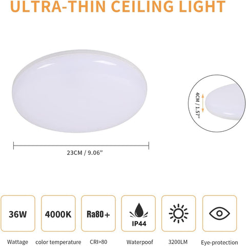 Lámpara de Techo LED, 36W 3200LM Lámpara de Techo Moderna, Lámpara de Techo LED Redonda Ultrafina para Baño Cocina Dormitorio Pasillo Balcón, Ø23*H4cm, Blanco Natural 4000K