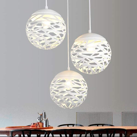 Lámpara colgante calada con cabeza brillante, lámpara tallada de hierro forjado simple para comedor (blanco, 20 cm)