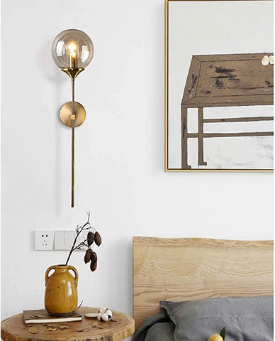 Aplique industrial vintage, globo de cristal ámbar con brazo largo, aplique dorado, aplique dorado para mesita de noche (ámbar) E14, (bombilla no incluida)