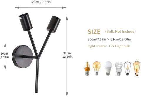 Apliques de pared de 2 luces, lámpara de pared industrial, lámpara de pared vintage para interiores, para espejo, dormitorio, mesita de noche, sala de estar, pasillo (negro)
