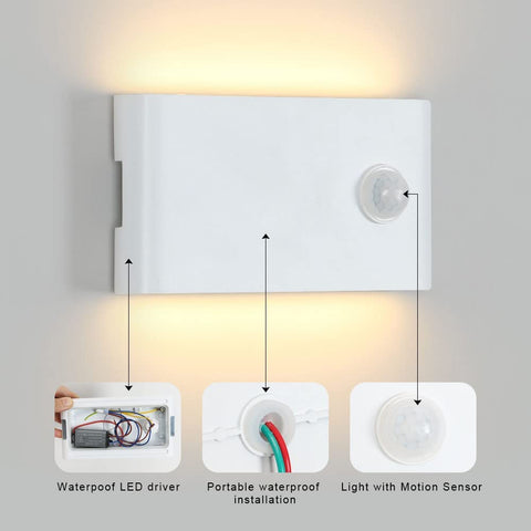 Lámpara de pared para exterior de 12 W con sensor de movimiento, lámpara de pared de aluminio para exterior/interior con diseño mate de artesanía blanca IP65, lámpara de pared acrílica para balcón, escaleras, jardín, garaje, 3000 K