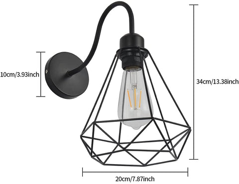 Apliques de pared industriales vintage con jaula de metal de diamante negro, lámpara de techo E27 Edison, aplique retro para interiores, decoración para sala de estar, cocina, pasillo, dormitorio, cafetería, bar, 1 paquete