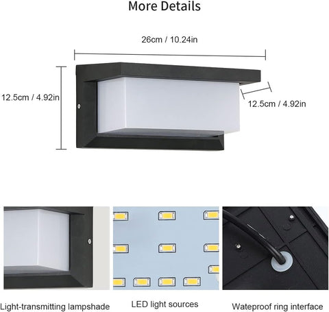 Aplique de pared exterior impermeable IP65 Lámpara de pared LED Blanco cálido 3000K para entrada Pasillo Patio Jardín Terraza Balcón Garaje Negro