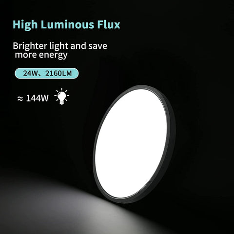 Lámpara de Techo LED de 24W, Lámpara de Techo IP50 de 2160LM, Lámpara de Techo Ultrafina Blanca Fría de 6500k, Lámpara de Techo Redonda Negra para Dormitorio, Sala de Estar, Pasillo, Balcón, Baño, Oficina, Ø30cm